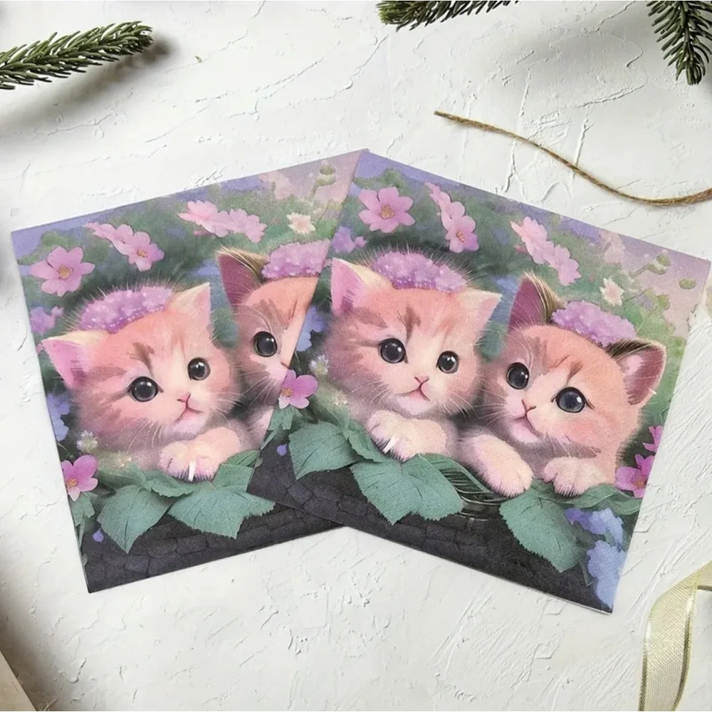 Sweet Kittens in Basket Foliage Luncheon Paper Napkins, 20 ct